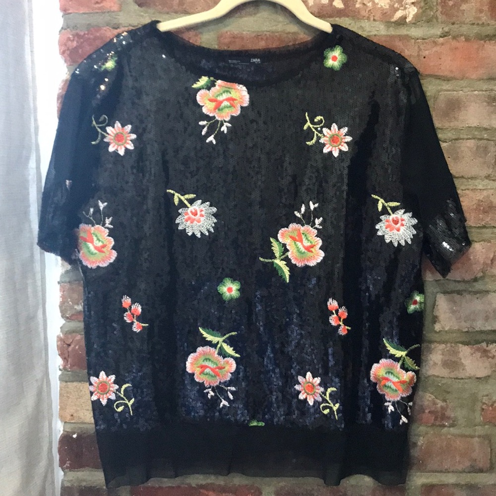 Zara sequin and embroidered short sleeve shirt